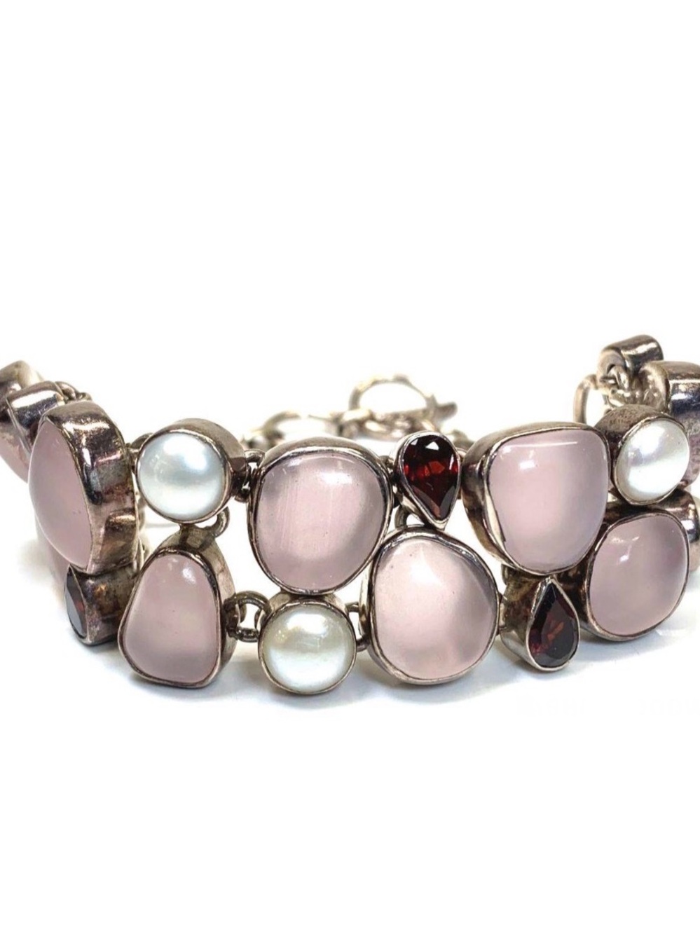 Sterling Silver Pink Rose Quartz, Pearl & Garnet Link Bracelet